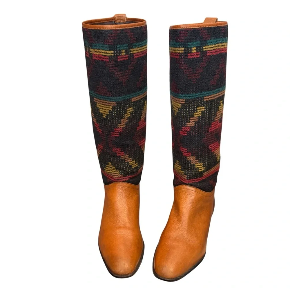 Vintage Unisa Aztec Western Boho Multicolor Knee-High Leather Boots